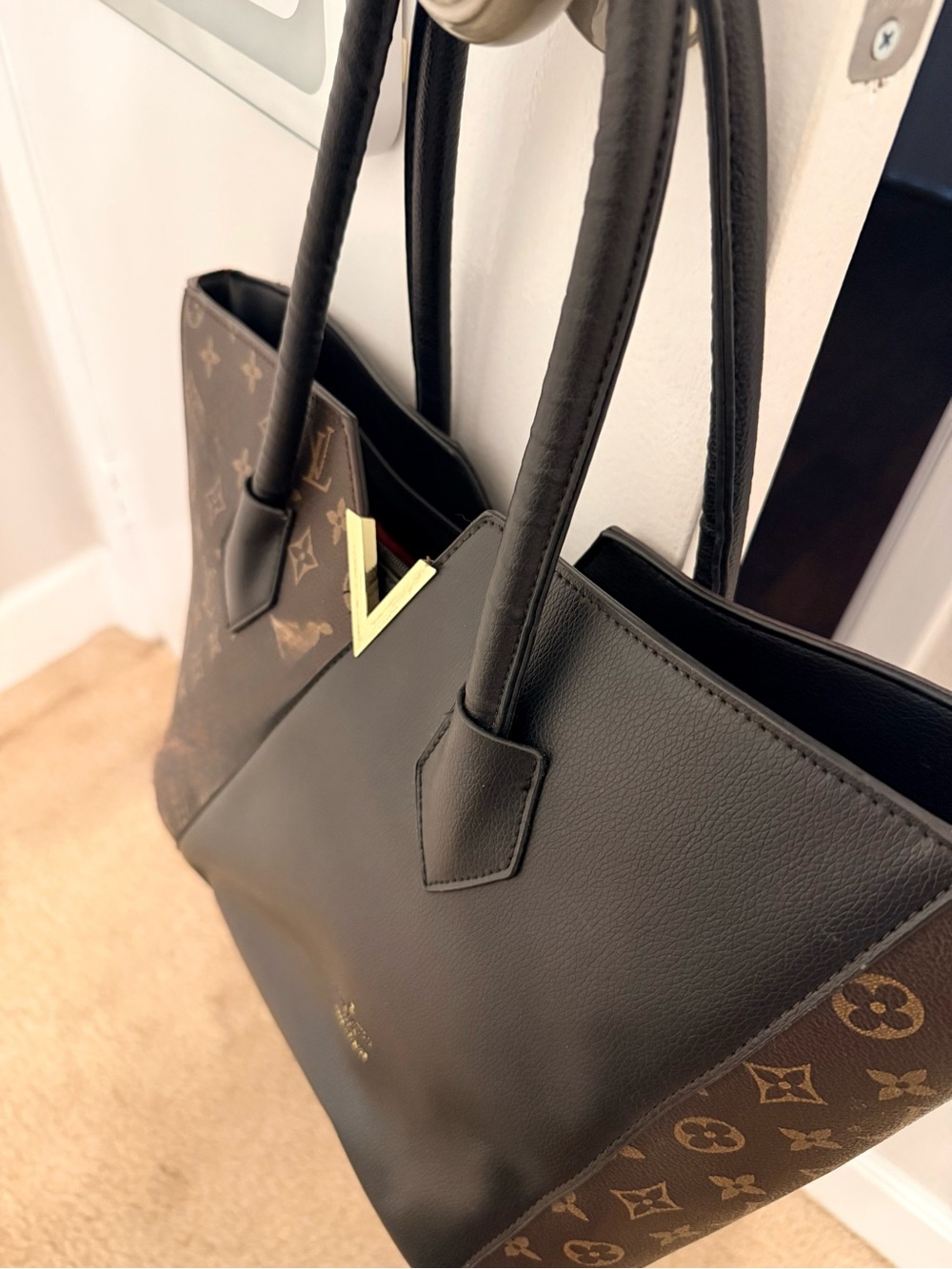 Classic Black Leather Tote Bag with Gold Feet